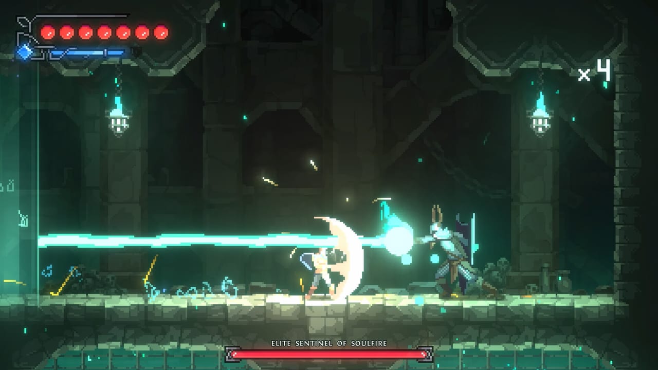 Fjør blocking a cyan beam from the Elite Sentinel of Soulfire in a lantern-lit Divinum catacomb